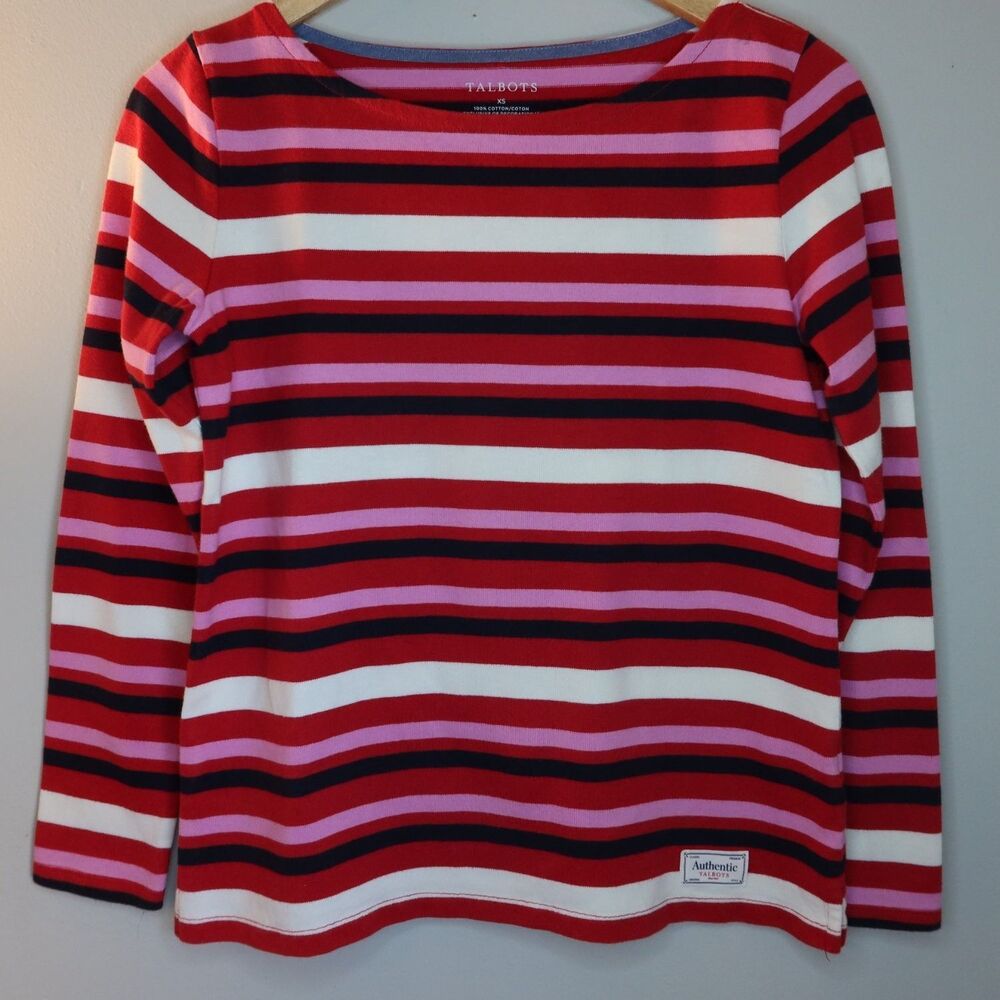 Talbots Long Sleeve Top Womens XS Red Striped Boat Neck sleeves